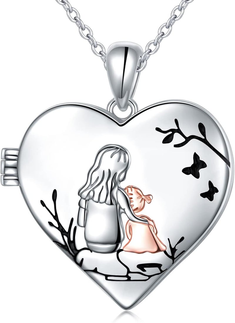 Ladytree S925 Sterling Silver Love Heart Mother and Daughter Keepsake Hold Pictures Photo Locket Memory Pendant Necklace Gifts for Women Grandma Mother Daughter - Image 1